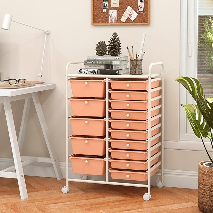 LDAILY 15 Drawer Rolling Storage Cart, Rolling Cart with Drawers for Classroom, Art Supply Craft Organizer on Wheel with Metal Frame & Handles for Home Office School