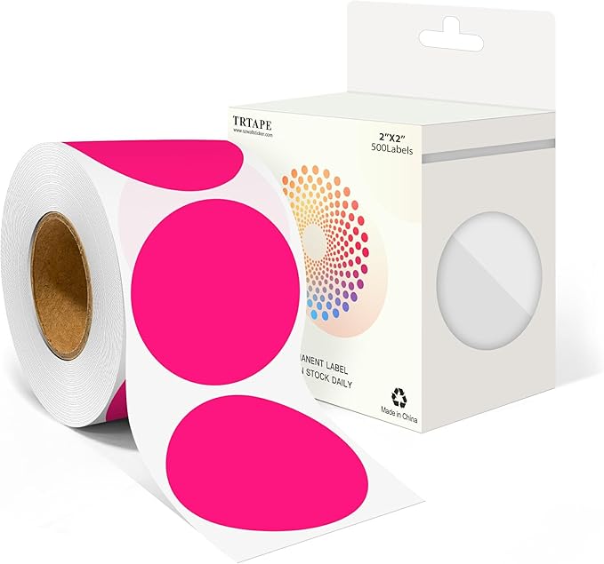 2 Inch Round Color Coding Labels (500 Count) - Fluorescent Pink Dot Stickers Circle Labels with Dispenser Box for Warehouse, Filing, Industrial, Office Organization