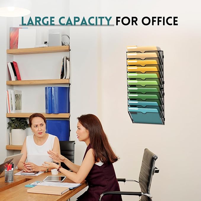 SUPEASY Wall File Organizer Mesh Office Mail Holder, Hanging Wall Organizer Magazine Rack for Office Black, 10 Tier
