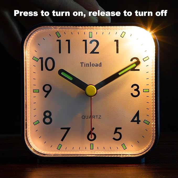 Tinload Small Battery Operated Analog Alarm Clock Silent Non Ticking, Ascending Beep Sounds, Snooze,Light Functions (Blue)