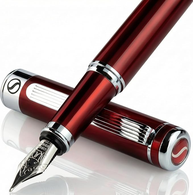 Scriveiner Deep Crimson Red Fountain Pen - Stunning Luxury Pen with Chrome Finish, Schmidt Nib (Medium), Best Pen Gift Set for Men & Women, Professional, Executive, Office, Nice Pens