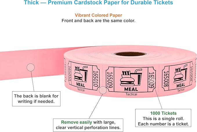 Tacticai 1000 Raffle Tickets, Meal, Pink (1 of 8 Colors), Single Roll, Ticket for Events, Food, Class Reward, Fundraiser & Prizes