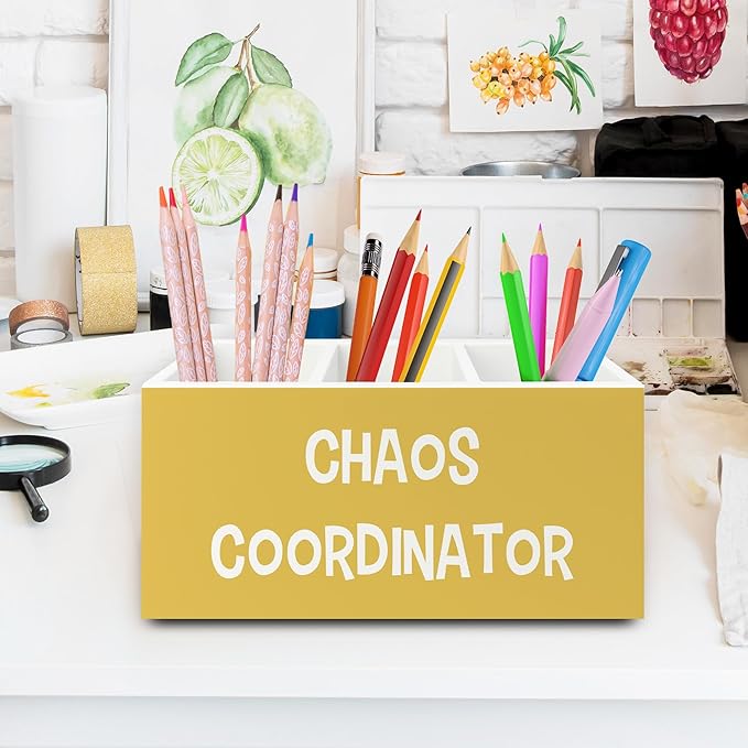 XPH Chaos Coordinator Yellow Pen Pencil Holder Organizer for Desk, Thank You Gifts for Women Men Coworkers Boss Leader Manager, Appreciation Gifts Wooden Box Sign for Office Tabletop Decorations