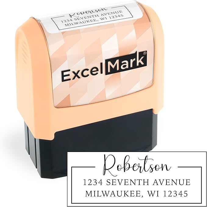 ExcelMark Address Stamp - Custom Return Address Stamp with Elegant Designs, Vibrant Colors & Patterns – Perfect for Mail, Invitations & Gifts (Peach Mount, Signature Frame)