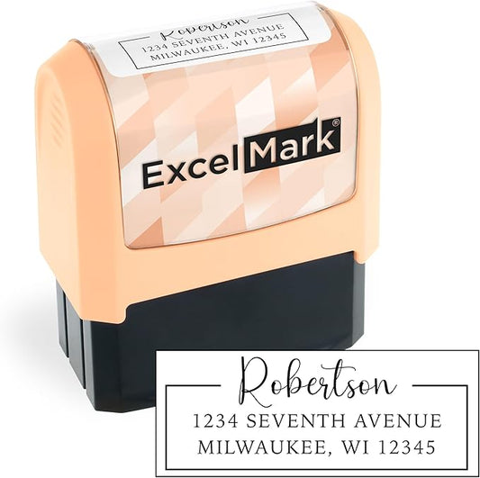 ExcelMark Address Stamp - Custom Return Address Stamp with Elegant Designs, Vibrant Colors & Patterns – Perfect for Mail, Invitations & Gifts (Peach Mount, Signature Frame)