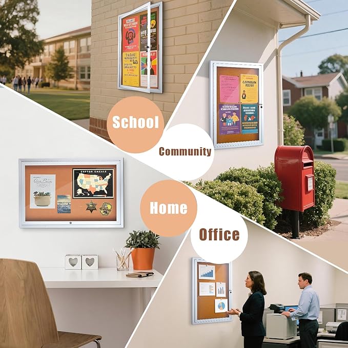Homezelle Enclosed Cork Bulletin Board 36"x24" Outdoor Weatherproof Cork Noticeboard with Locking Door Wall-Mounted Silver Aluminium Frame for Home, School, Office, Community, Hospital
