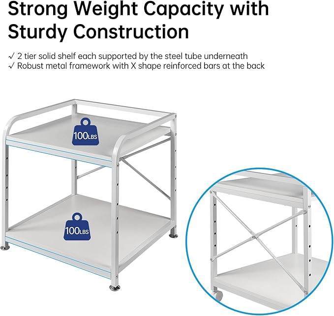 Fannova 20 Inches Deep Large Printer Stand, 2 Tier Under Desk Printer Table with Height Adjustable Shelf, Rolling Printer Cart with Wheels for Home Office Storage - White