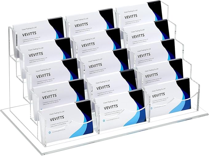 Vevitts Acrylic Business Card Holder for Desk Multiple Business Card Holders Business Card Organizer Business Card Display Rack Clear Plastic Business Card Stand for Home Office (15 Slots)