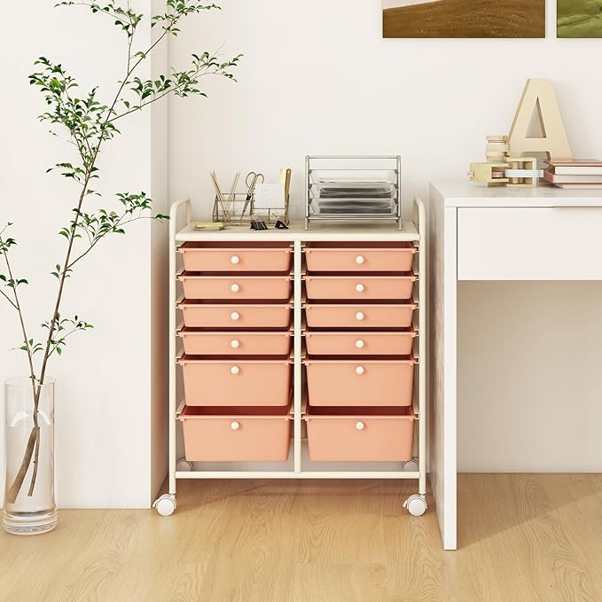 Happygrill 12-Drawer Rolling Storage Cart, Multipurpose Storage Cart W/Lockable Wheels, 2 Sizes Plastic Drawers & Metal Shelf, Mobile Utility Cart for Home Office School (Peach Fuzz)