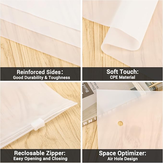 Svaldo Packaging Bags, 5 Sizes 12x16" 10x13" 8x10" 12x8" 10x7" Pack of 50, 3 Mil Thick Plastic Shipping Bags for Business Clothing Packing Craft & Hobby Storage, Frosted, with Vent Hole