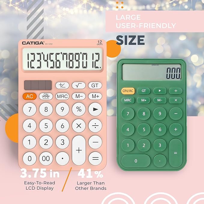 CATIGA 12 Digit Desktop Calculator Basic Desk Calculator with Large LCD Display, Big Buttons, 4 Function, Solar and Battery Dual Power, for Office, School, Home, SD-1292 Pink