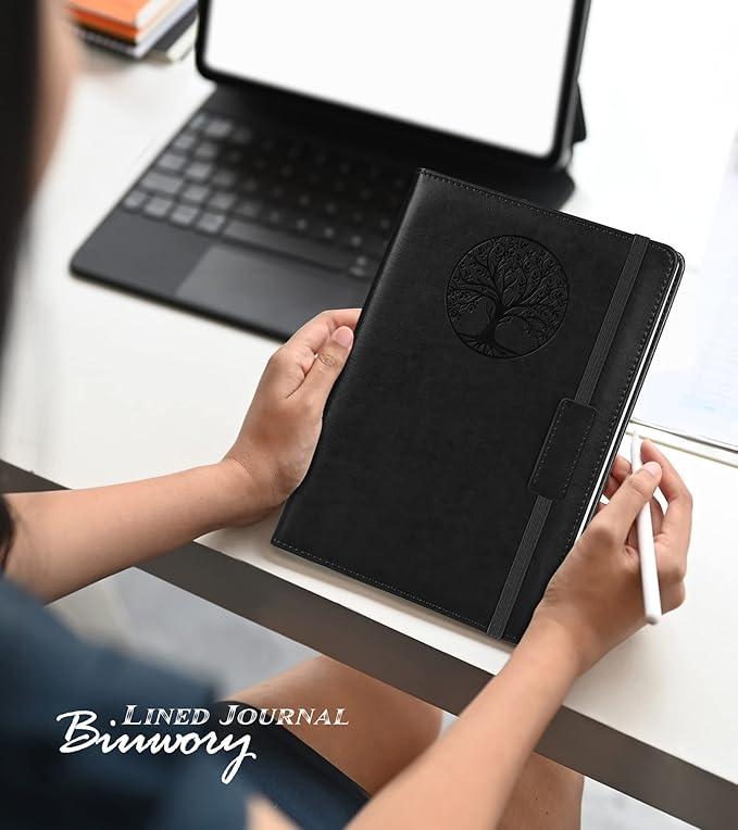 Biuwory Lined Journal Notebook for Women Men,256 Pages A5 Hardcover Leather Journals for Writing,Travel,Business,Work & School,College Ruled Notebooks for Note Taking,Diary Notepad 5.7"×8.3"(Black)