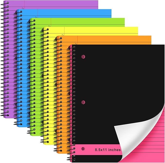 Resurhang 6 Pcs Legal Pad Top Spiral Bound Notebook 70 Sheets Double Sided College Ruled Paper Notepad Memo Steno Pad with Stiff Cover for Business College(8.5 x 11 Inches,3 Hole Punch,Bright Colors)