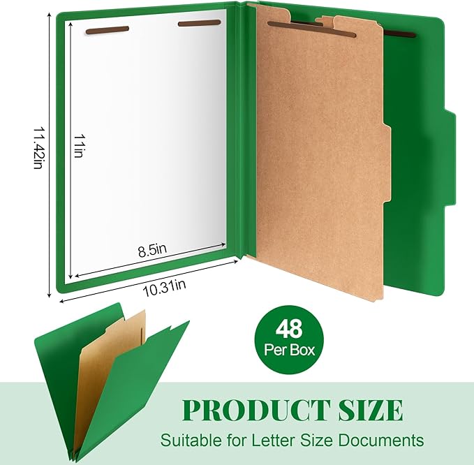 Skyygemm 48 Pcs Classification Folders Letter Size, 1 Divider Pressboard File Folder with Fasteners, Expanding File Organizer Bulk for School Teachers, Office Employee, Coworker, Staff (Dark Green)
