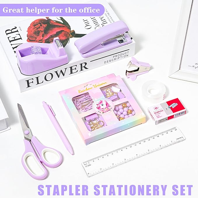 COMFYROOM Desk Accessories with Pen Holder, Office Supplies Desk Organizers and Accessories, Tape Dispenser, Stapler, Staple Remover, Staples, Clips Set, Ruler, Scissor, Pen, Tape (Purple)