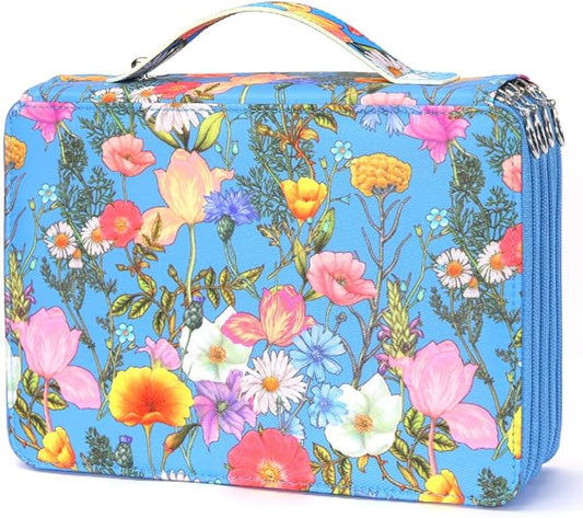 Vomgomfom Colored Pencil Case - 200 Slots Pencil Holder with Zipper Closure Twill Fabric Large Capacity Pencil Case for Watercolor Pens or Markers, Pencil Case Organizer for Artist (Blue Flower)
