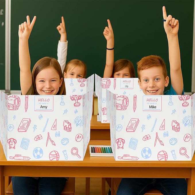 Succwoah 25-Pack Desk Dividers for Students with Privacy Shields, Ergonomic Arms Cutouts & Erasable Name Frames - Waterproof & Easy-to-Clean Test Dividers for Classroom, Exams, Office (White)