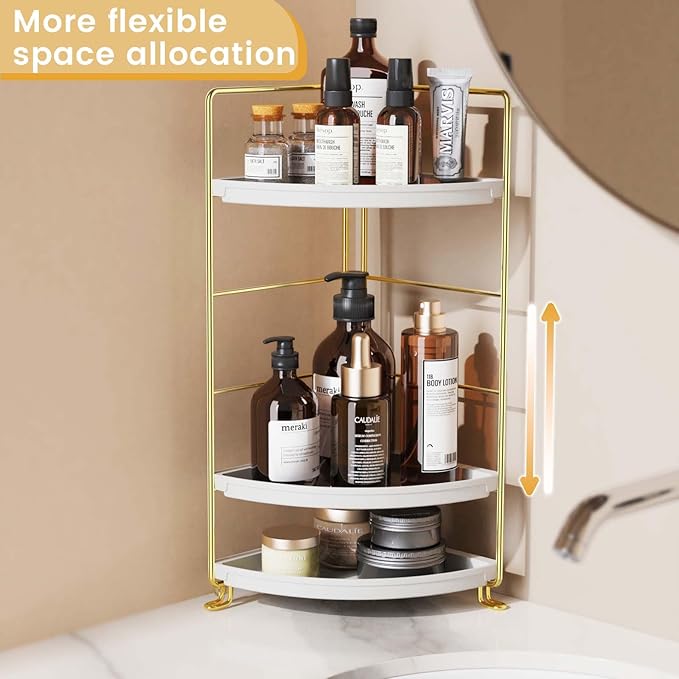 JANUS LiANG 3-Tier Bathroom Organizer Countertop, Corner Bathroom Counter Organizer, Makeup for Vanity Skincare Organizers and Storage, Kitchen Counter Organizer Perfume Organizer (Gold)