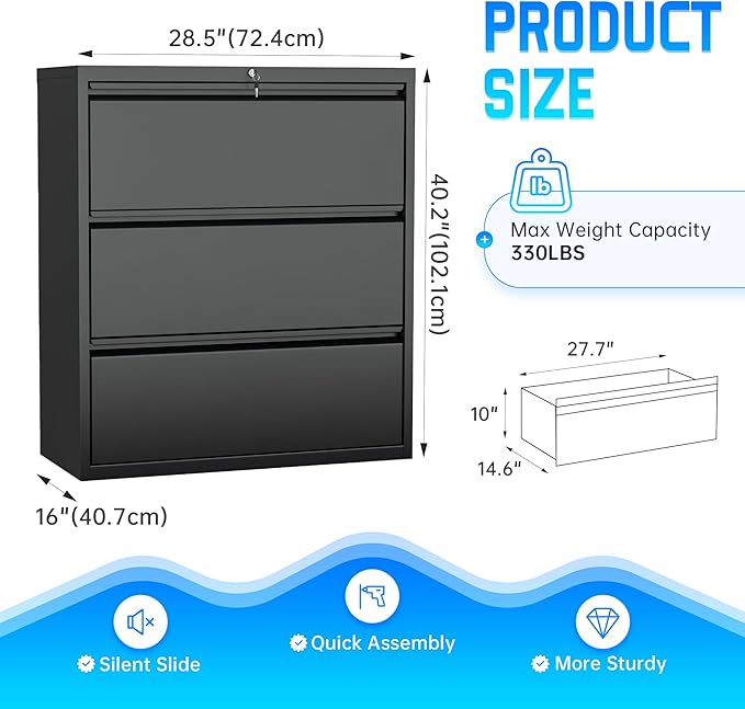 Greenvelly 3 Drawer File Cabinet, Metal Filing Cabinet with Lock, Black Lateral File Cabinet for Home Office, Locking File Cabinet for Letter/Legal/F4/A4 Size Hanging Files, Easy Assembly