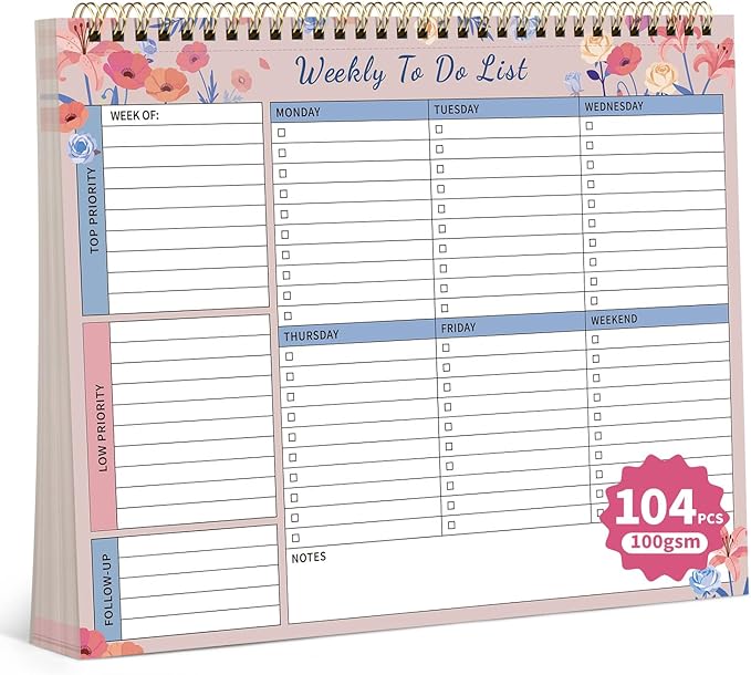 104 Pgs Weekly To Do List Notepad, 52 Duplex-Printed Undated Sheets 100 GSM（8.5"×11") Weekly Desk Planner For Work Home School Office Desk Accessories Supplies & Goal Setting Tasks -Pink Floral