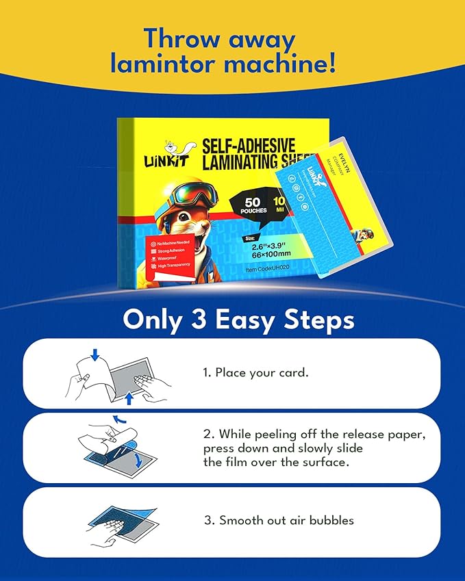Uinkit 10Mil Self-Sealing Laminating Pouches Business Card Size, for 2.6x3.9" Cards, Ultimate Solution for Restaurant IDs, School Badges, Event Credentials - No Laminator (110-Pack Bulk)