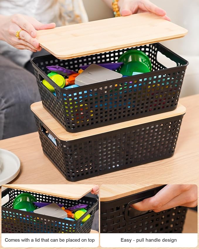 Anywish Storage Bins with Lids 10 Packs, Plastic Storage Bins with Bamboo Lids for Pantry Organization and Storage Containers for Shelves Drawers Desktop Closet Playroom Classroom Office Home, Black