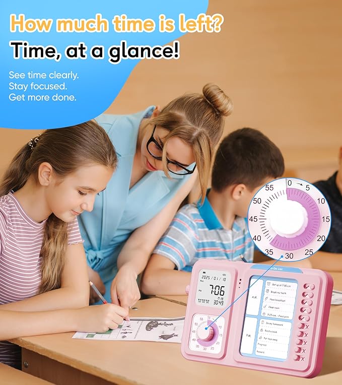 3-in-1 Visual Timer & ADHD Tool for Kids|Adults, Task Timer with Chore Chart Board, Visual Schedule for Kids with Autism, Daily Checklist for Home, School, Classroom, Desk (Pink)