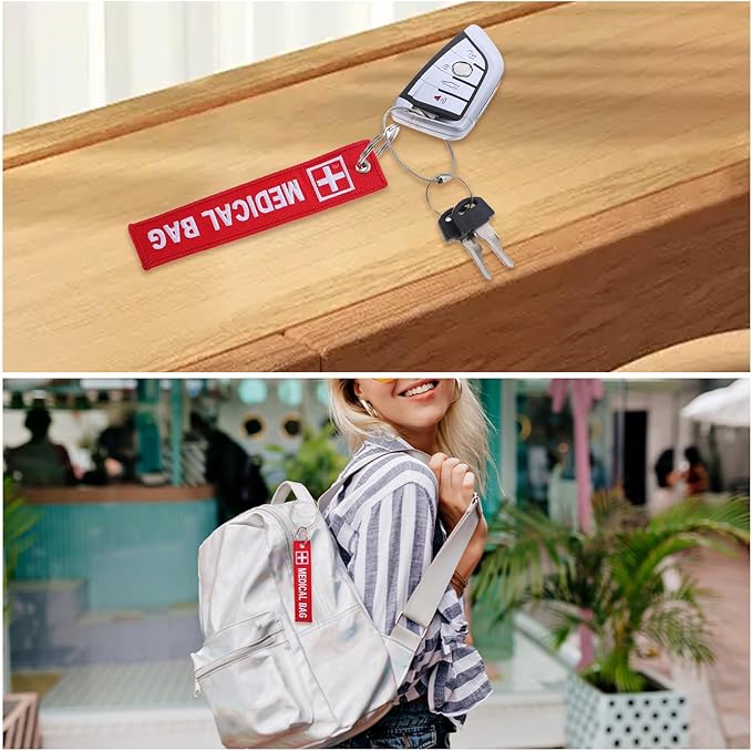 Medical Alert Tags for Bag, 2 Pcs Medical Equipment Device Luggage Id Tag Double-Sided Travel Bags Tags Reusable Red Bags Keychain Label for Backpack Luggage Suitcase Purse, Red