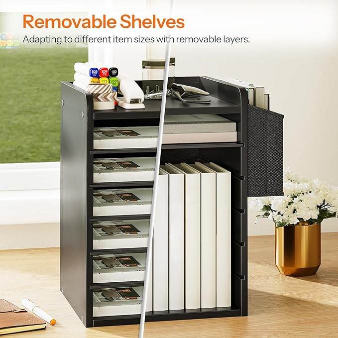 HOOBRO Adjustable Countertop Mail Sorter, 6 Tier Wooden Paper Organizer, Vertical Literature Organizer with Side Storage, Office Mailbox Cubbies, Classroom Mailbox, for Home, Office, Black BB34WF01
