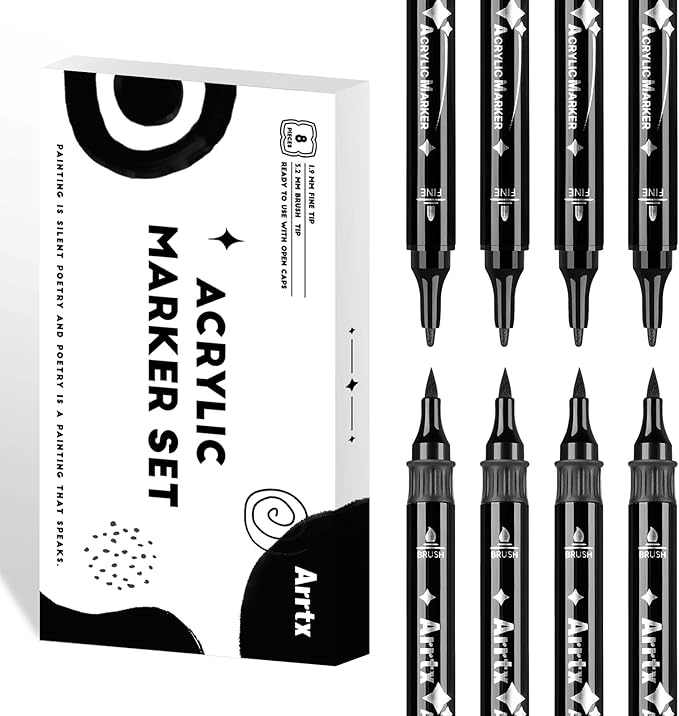 Arrtx Black Paint Pen 8 Pack Dual Tip, Black Acrylic Paint Graffiti Markers for Rock Painting, Paper, Wood, Ceramic, Fabric, Glass, Canvas, Plastic, Metal, Stone and DIY Crafts