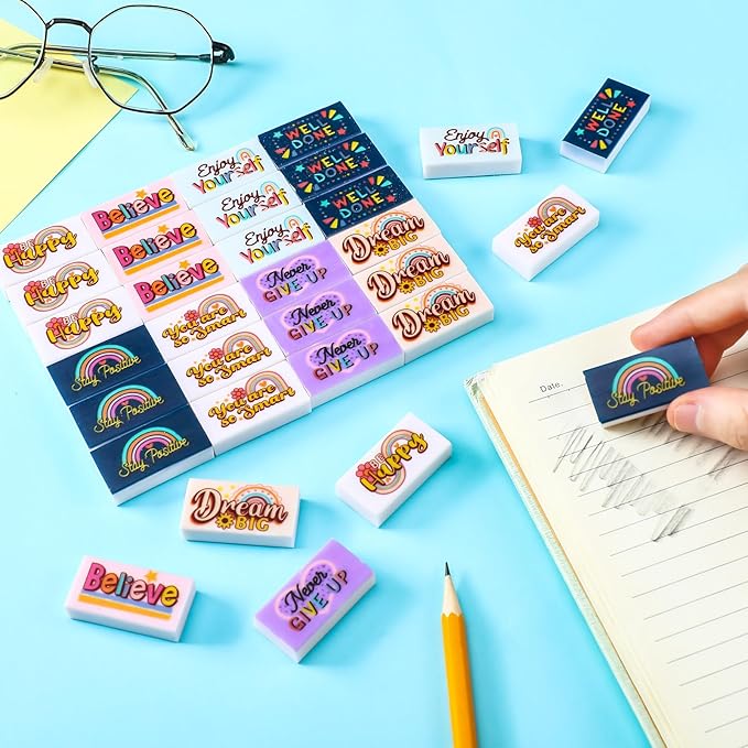 Dunzoom 100 Pcs Inspirational Pencil Erasers Bulk for Kids Fun Motivational Eraser School Supplies Back to School Office Supplies for Classroom Office Teacher Artists (Boho)