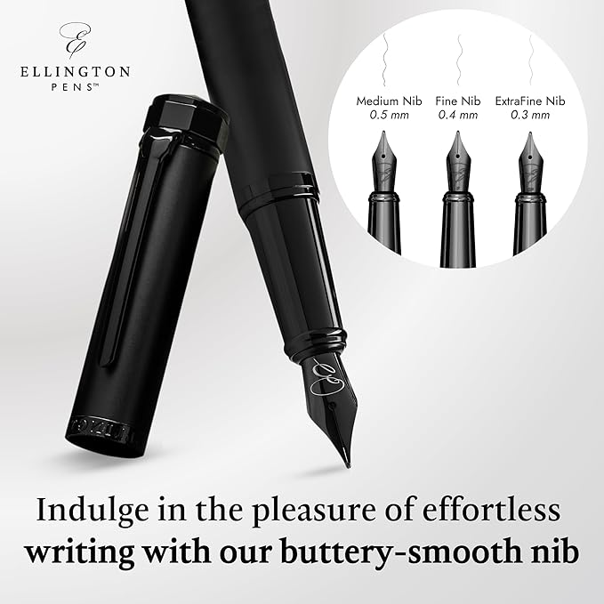 Ellington Pens Luxury Fountain Pen Set - Extra Fine Nib - Includes 3 Ink Cartridges, Refillable Ink Converter, Gift Box - Fountain Pens For Writing, Calligraphy, Journaling, Sketching (The Stealth)