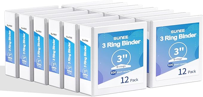 SUNEE 3 Inch Binders 3 Ring 12 Pack, Large Clear View Binders Bulk Three Ring PVC-Free (Fit 8.5x11 Inches) for School or Office Supplies, White