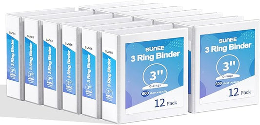 SUNEE 3 Inch Binders 3 Ring 12 Pack, Large Clear View Binders Bulk Three Ring PVC-Free (Fit 8.5x11 Inches) for School or Office Supplies, White