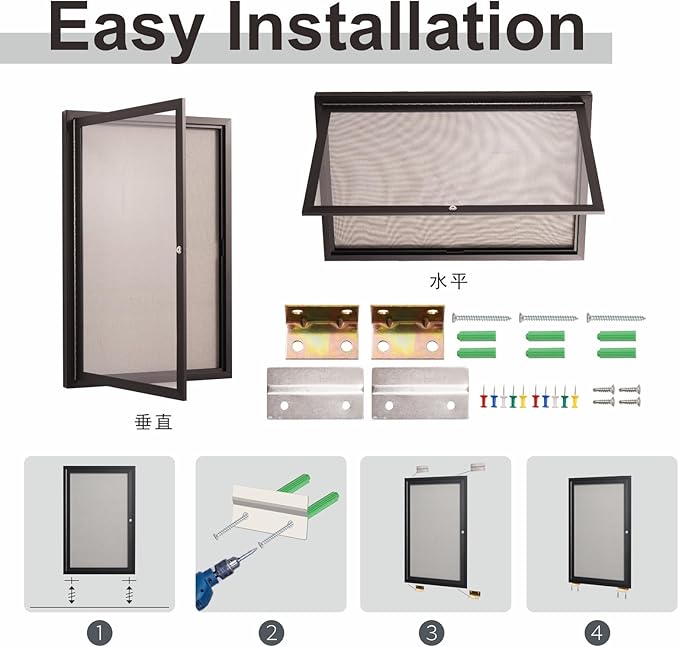36×24 Inch Lockable Enclosed Bulletin Board, Weather-Resistant Outdoor Noticeboard with Locking Doors, Wall-Mounted Black Aluminum Frame & Grey Felt Presentation Board
