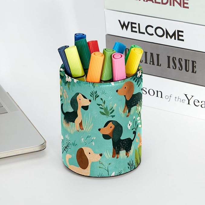 Leather Pen Holder for Desk, Cartoon Sausage Dog Pencil Cup Desktop Organizer Makeup Brush Holders Office Supplies for Home, Kids & School