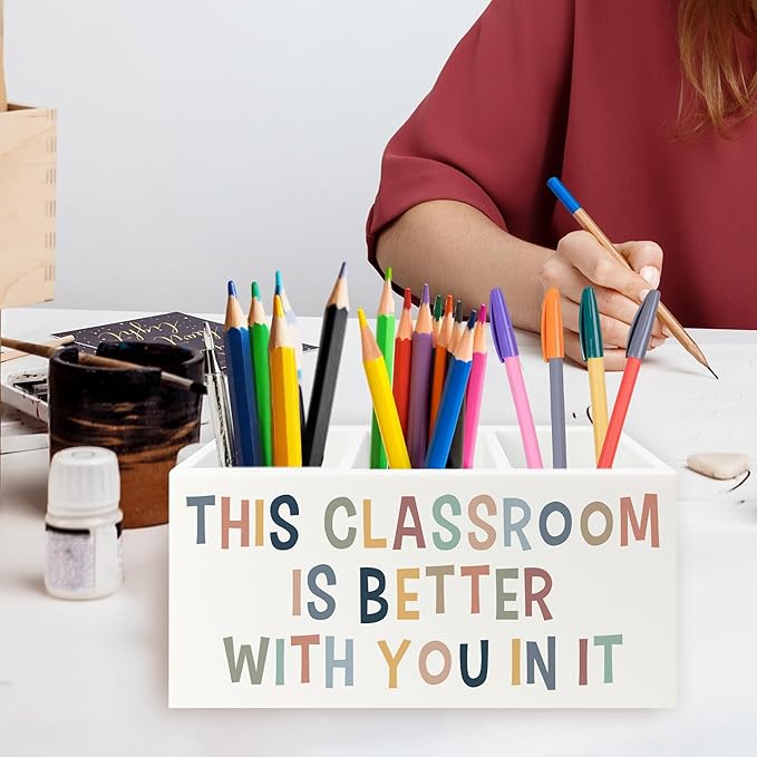 QZQE Boho Classroom Pen Pencil Holder Organizer for Desk, This Classroom Is Better With You in It Wooden Box Signs Decorations for Home Office Desk Tabletop, Back to School Supplies