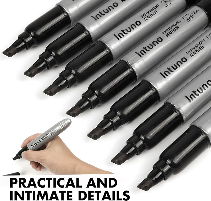 INTUNO Jumo Permanent Markers, 60 Count Black, Chisel tip, Oil-Based Permanent Markers, Waterproof and Fade-Resistant, for Paper, Wood, Metal, Glass and More