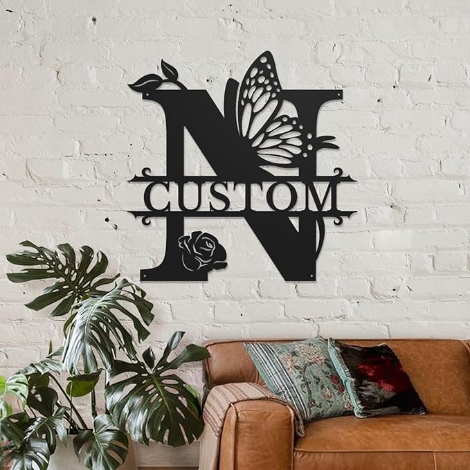 Personalized Custom Letter Name metal Signs,Custom Black Letter Monogram Wall Art Decor,Metal Signs Plaques Outdoor wall Decorative Signage (N)