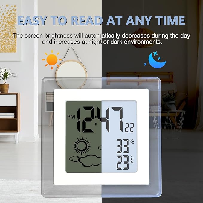 VOILEIPAGI Small Clock Digital Battery Operated Alarm Clock with Auto Backlight, Indoor Temperature Humidity, 12/24H, Date, Travel Alarm Clock Desk Clock Small Clock for Shelf (Battery Included)
