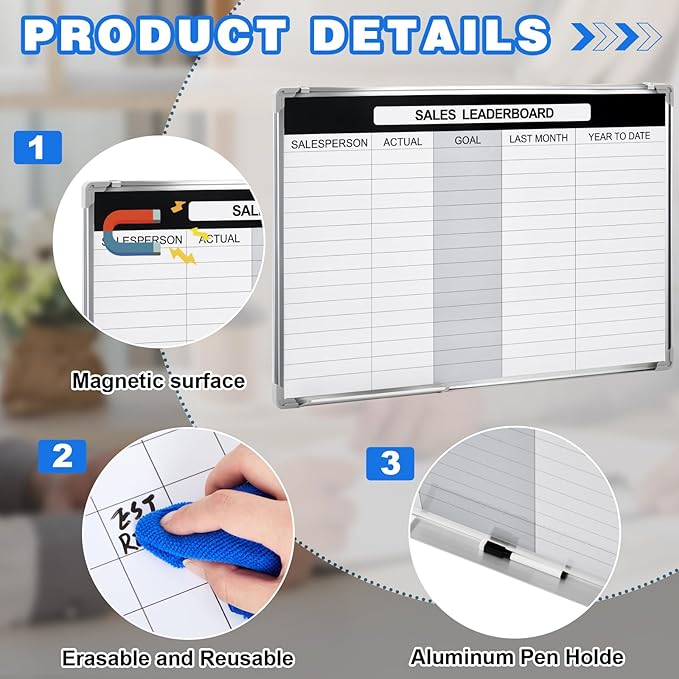 Lincia Sales Leaderboard Dry Erase Whiteboard Magnetic Dry Erase Board with Lines Sliding Marker Tray Aluminum Frame White Board Planner for Wall Sales Performance Recording Tracking Office Supplies