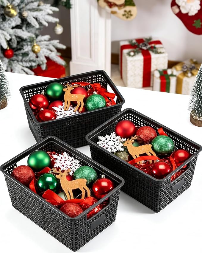 Set of 6 Baskets For Organizing, Plastic Storage Bins and Small Basket for Organization and Storage Shelves Drawers Desktop Closet Playroom Classroom Office, Black