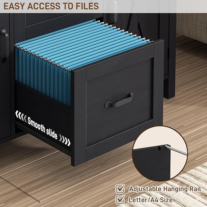 Vabches File Cabinet with 3 Drawers, Farmhouse Lateral File Cabinet Fits Files Letter/A4 Size, Wooden Filing Cabinet with Door and Adjustable Shelves Printer Stand for Home Office, Rustic Black