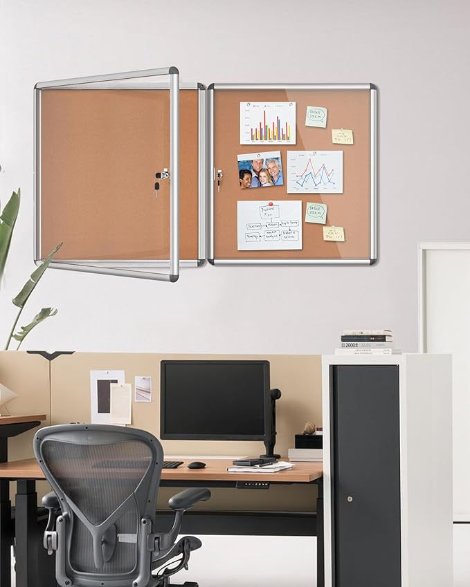 Mifuro 2 Pack 28"x26" Enclosed Bulletin Board, Lockable Weather-Resistant Aluminum Cork Noticeboard for School & Office, Silver Frame w/Cork