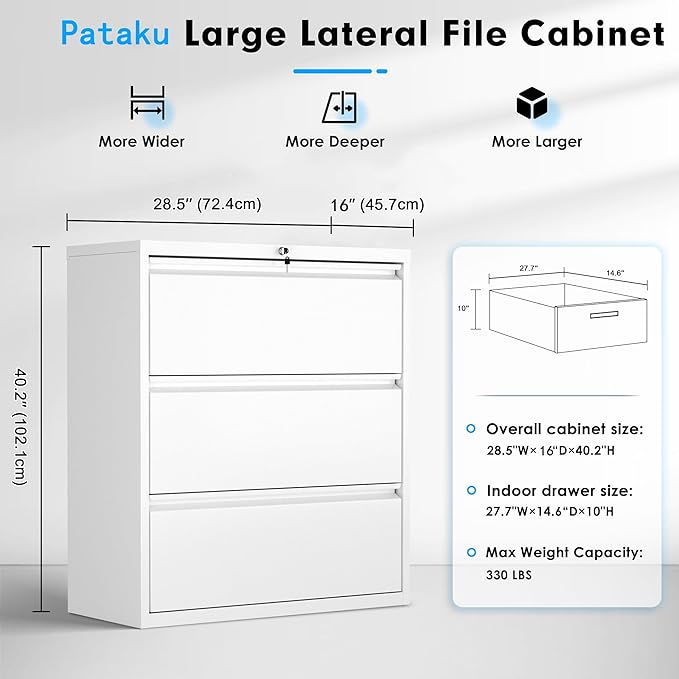Pataku Metal Lateral File Cabinet with Lock, Steel Filing Cabinet 3 Drawer, Locking Office Home Wide Organization File Cabinets for Hanging Files Letter/Legal/F4/A4 Size, (White-3Drawer)