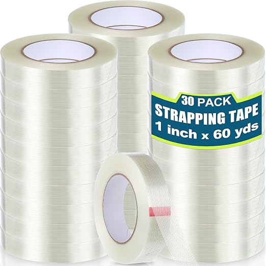 Treela 30 Rolls 1 Inch x 60 Yards Filament Strapping Tape Heavy Duty Fiberglass Reinforced Packing Shipping 5.5 Mil Transparent Tape for Sealing Binding Fixing