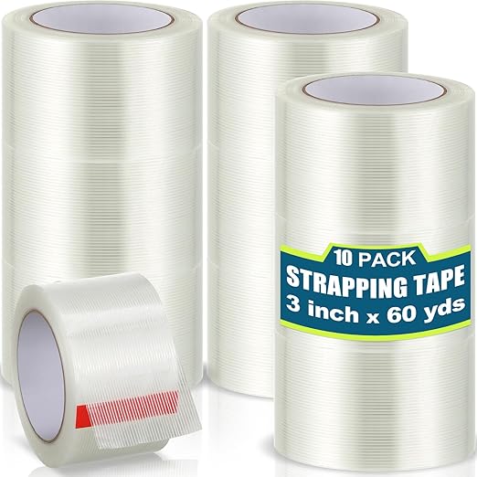 Treela 10 Rolls Filament Strapping Tape 3 Inch x 60 Yards Transparent Reinforced Fiberglass 5.5 Mil Heavy Duty Packing Shipping Tape for Sealing Binding Fixing
