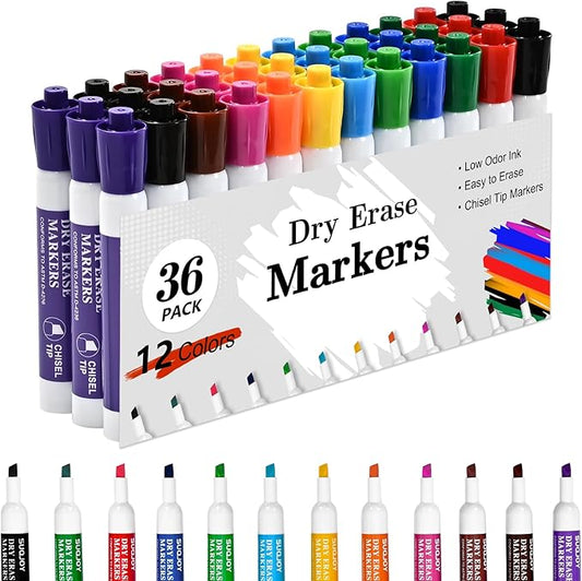 SUQJOY Dry Erase Markers, Chisel Tip Whiteboard Markers, Low Odor Dry Erase Marker, 36 Bulk 12 Assorted Color Markers for Kids/Teachers