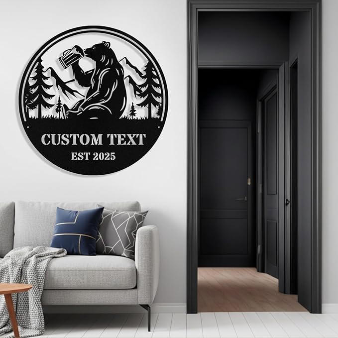 Custom Bear Metal Sign, Custom Bear Metal Wall Art Decor, Personalized Last Name Signs for Home, Rustic Farmhouse Black Wall Decor for Cabin, Bedroom, Living Room, Porch