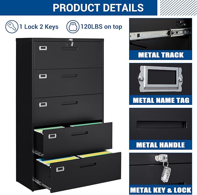 Fesbos Lateral File Cabinet with 5 Drawers - Metal Steel Filling Cabinets for Home Office - Lockable Storage Cabinet for Hanging Files Letter/Legal/F4/A4 Size-Assembly Required